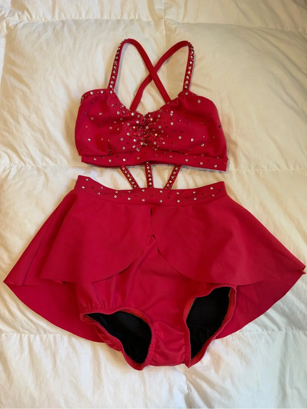 Red Embellished Two-Piece Dance Set - Girls